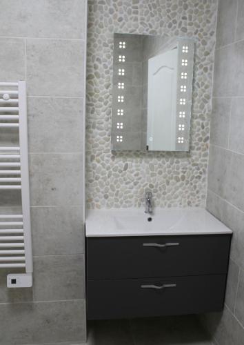 a bathroom with a sink and a mirror at Le Potier Jovial in Ger