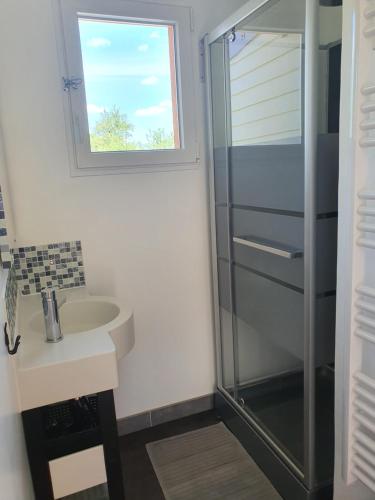 a bathroom with a sink and a shower at Santa Maria in Saint-Ouen-de-Mimbré