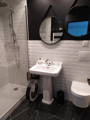 een badkamer met een wastafel, een toilet en een spiegel bij Cocon au coeur du petit bayonne in Bayonne