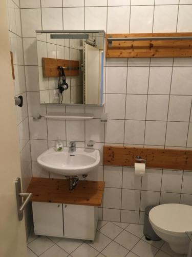 Ferienwohnung Mittendrin -Balkon- في ميسين: حمام مع حوض ومرحاض