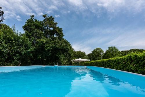 una gran piscina azul con sombrilla en Country house pisani 120SQM, en Pernumia