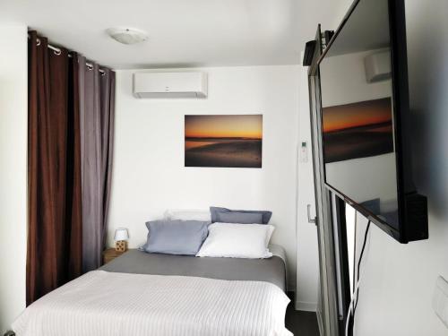 Ένα ή περισσότερα κρεβάτια σε δωμάτιο στο Cosy Lodge Studio confortable et spacieux avec jardin