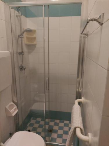bagno con doccia in vetro e servizi igienici di Hotel La Torre a Rimini