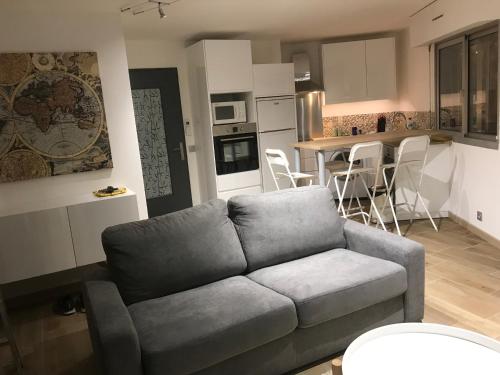 uma sala de estar com um sofá e uma cozinha em Magnifique appartement pied dans l'eau em Cannes