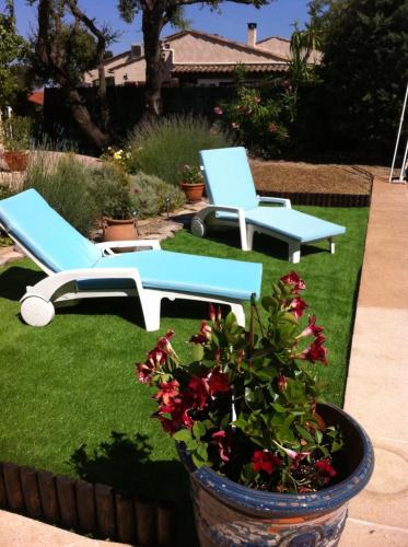 a yard with two blue chairs and a table and flowers at Le Patio Fleuri in Lorgues