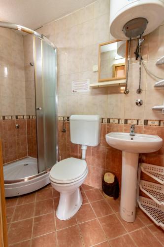 a bathroom with a toilet and a sink and a shower at Denicia Apartments in Ohrid