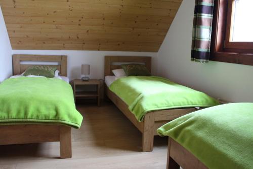 a bedroom with two beds with green blankets at Chata s výhľadom na Tatry in Hrabušice