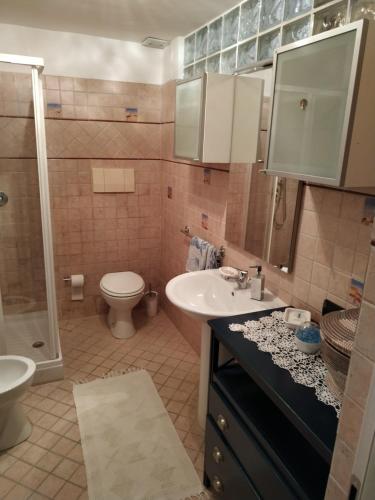 a bathroom with a sink and a toilet and a shower at Casa Pif in Frosinone