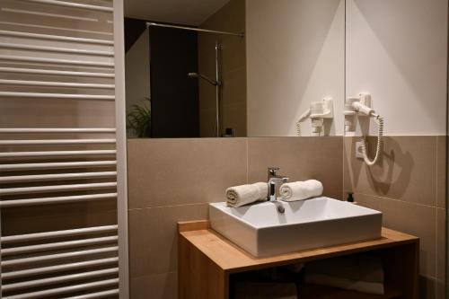 uma casa de banho com um lavatório e um espelho em Haus Kargruber em Santa Maddalena in Casies