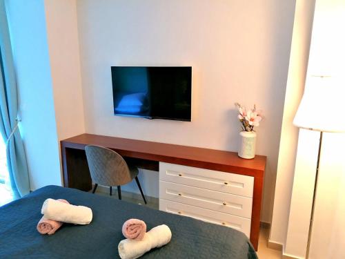 a bedroom with a bed and a desk with a tv at Anja apartment_City Center_ in Bar