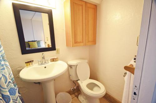 ein Badezimmer mit einem Waschbecken, einem WC und einem Spiegel in der Unterkunft Sea Shore 75 Steps from Waikiki Beach and Sleeps 1 - 3! in Honolulu