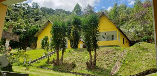 a yellow house with palm trees in front of it at Belo Canto Chalés in Santa Teresa