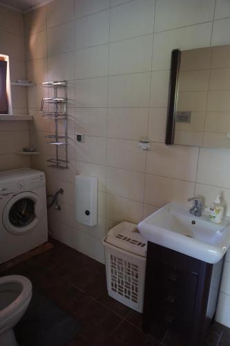 a bathroom with a sink and a washing machine at OSADA ŚWIERKOWA in Kopalino