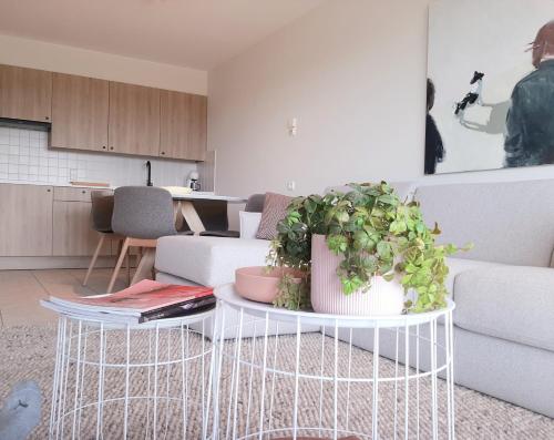 een woonkamer met een bank en een tafel met planten bij Léonie met parking in Nieuwpoort
