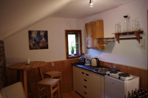 a small kitchen with a sink and a table at Bed and Breakfast Lucia in Pfronten