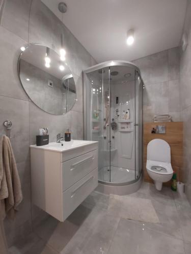 łazienka z prysznicem, umywalką i toaletą w obiekcie Apartament Przy Lesie Słoneczne Tarasy w Dziwnówku