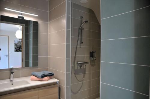 La salle de bains est pourvue d'une douche et d'un lavabo. dans l'établissement Laboucaliniere, à Plurien