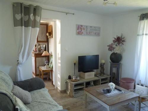 a living room with a couch and a tv at Maison à la Campagne in Blis-et-Born