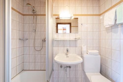 a bathroom with a sink and a shower and a toilet at Alpenhof in Ramsau am Dachstein