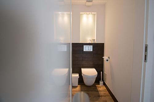 a bathroom with a toilet and a sink and a mirror at Hotel Weilerhof in Dormagen