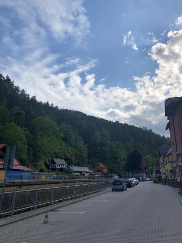 a street with cars parked on the side of a road at Hrensko31 in Hřensko