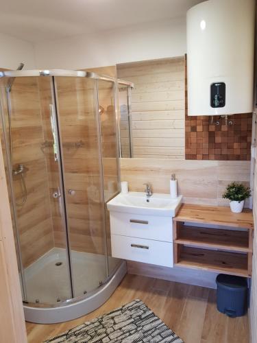 een badkamer met een douche en een wastafel bij Domki Na Kasztanowej in Rewal