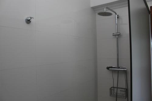 a bathroom with a shower stall and a shower curtain at Albergue Turístico Silleda in Silleda