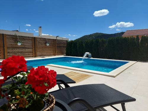 - une piscine avec des fleurs rouges sur une terrasse dans l'établissement Villa Belitzein with swimming pool, à Šibenik