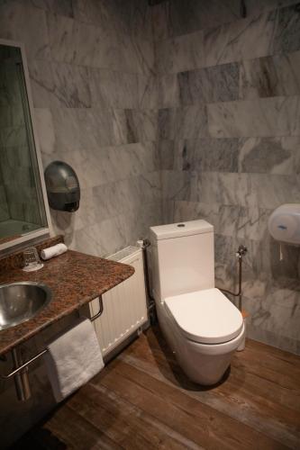 a bathroom with a white toilet and a sink at Hotel Rooms in Breskens