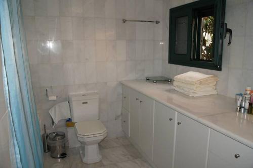y baño con aseo, lavabo y espejo. en Seafront Maisonette in Kardamyli en Kardamyli