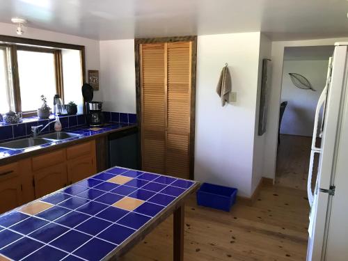 a kitchen with blue tiles on the counter top at La Grange Country Inn in Wakefield