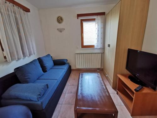 salon z niebieską kanapą i telewizorem w obiekcie Apartma Jowz w mieście Bovec