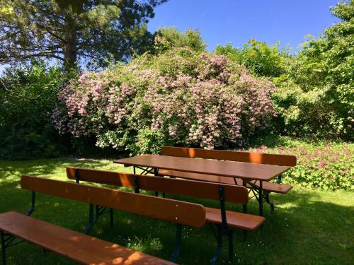 two benches and a picnic table in a park at Landhotel Hubertus in Unterelsbach