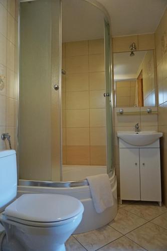 a bathroom with a toilet and a shower and a sink at Ośrodek Wczasowy Groń Placówka in Groń