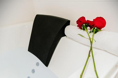 a vase with two red roses sitting on a couch at Huerto San Antonio in La Cabrera