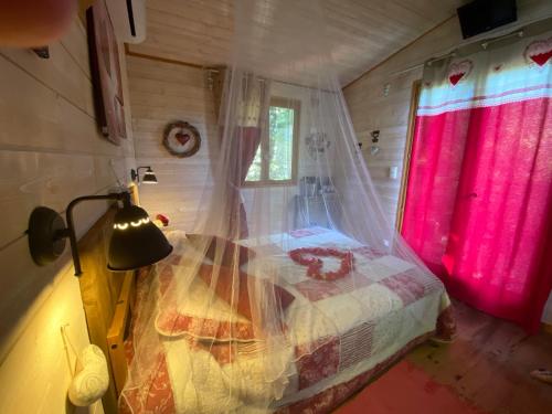 La cabane des amoureux في بارجولس: غرفة نوم بسرير مع مظلة ونافذة