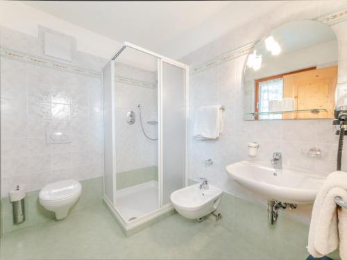 a bathroom with a shower and a toilet and a sink at Ciasa Raut in La Valle