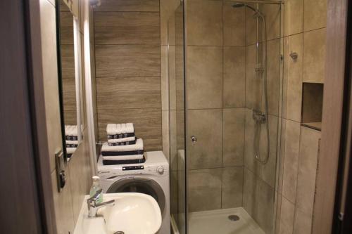 La salle de bains est pourvue d'une douche, de toilettes et d'un lavabo. dans l'établissement Mieszkanie na wakacje nad morzem, à Gdańsk