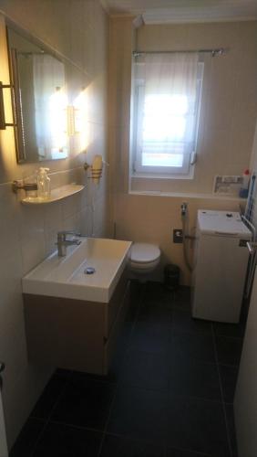a bathroom with a sink and a toilet and a window at Nordsee-Brise in Dornumersiel