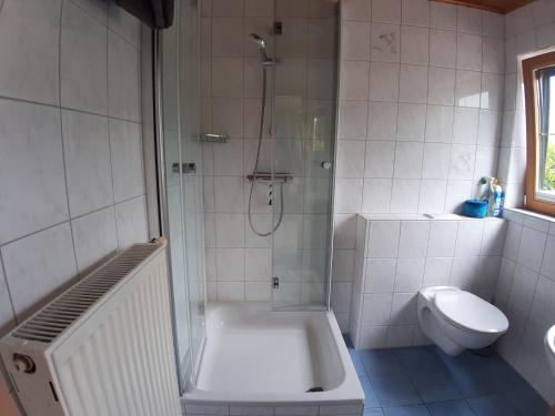 a white bathroom with a shower and a toilet at Ferienappartement Lieser in Bernkastel-Kues