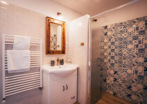 a bathroom with a sink and a mirror and a shower at Pension Fialka in Český Krumlov