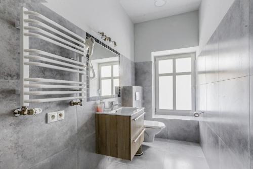 ソポトにあるLion Apartments - Haffnera 19のバスルーム(洗面台、トイレ、鏡付)