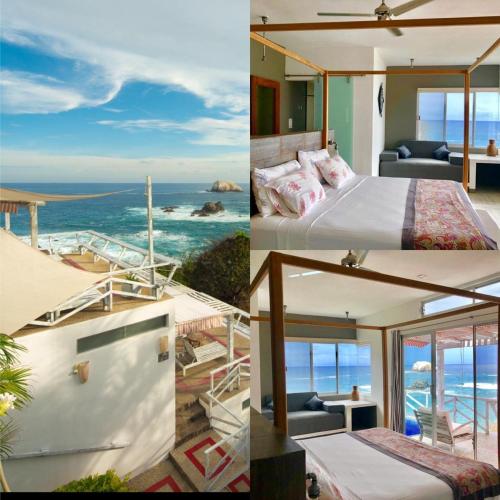 a collage of four pictures of a hotel room with the ocean at Villa Aikia (Adults Suites A/C) in Zipolite
