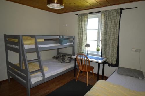 um quarto com beliches, uma secretária e uma cama em Högsnäsgården em Överhörnäs