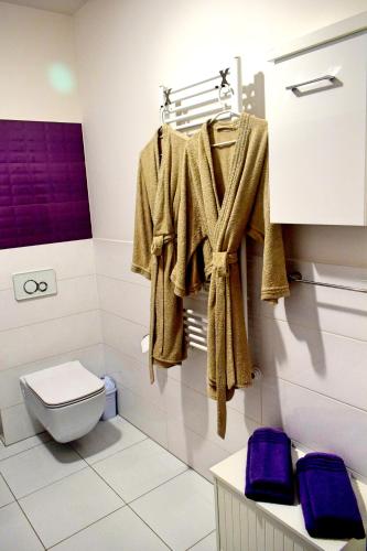 a bathroom with a toilet and a towel at Apartament Sianożęty in Sianozety