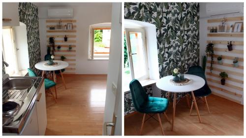 2 Bilder einer Küche mit einem Tisch und Stühlen in der Unterkunft Cool & Romantic Studio in Portoroz JB3 in Portorož