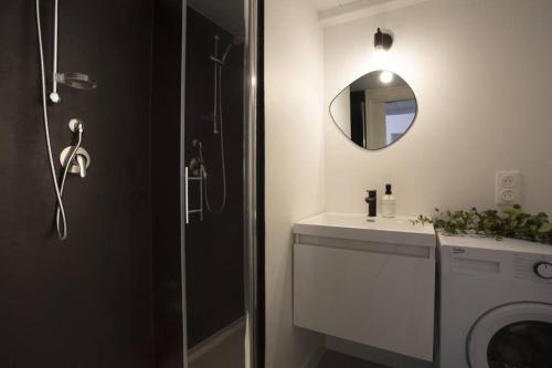 La salle de bains est pourvue d'un lave-linge et d'un miroir. dans l'établissement Plage à pied au cœur du vieil Antibes, à Antibes