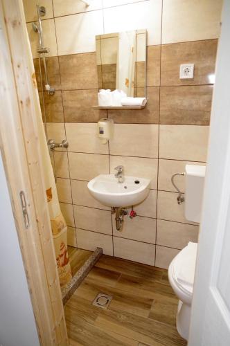 a bathroom with a sink and a toilet at Fehér Hajó Panzió és Vendéglő in Győr