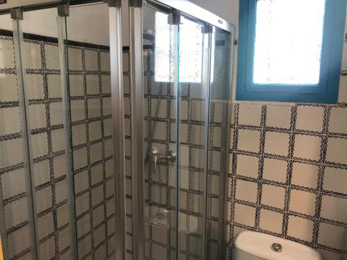 a bathroom with a shower with a toilet and a window at El corralón in Frigiliana