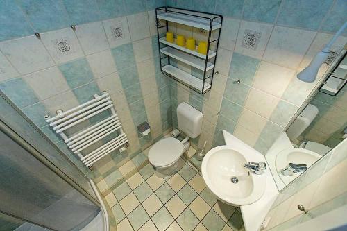 une petite salle de bain avec toilettes et lavabo dans l'établissement Ferienhaussiedlung Strandperlen Weidenhof 8b (Typ V), à Wustrow